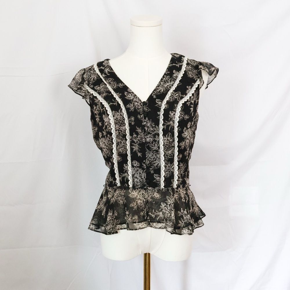 90s Ann Talyor Loft Floral V-Neck Short Sleeve Blouse - 0, black & white